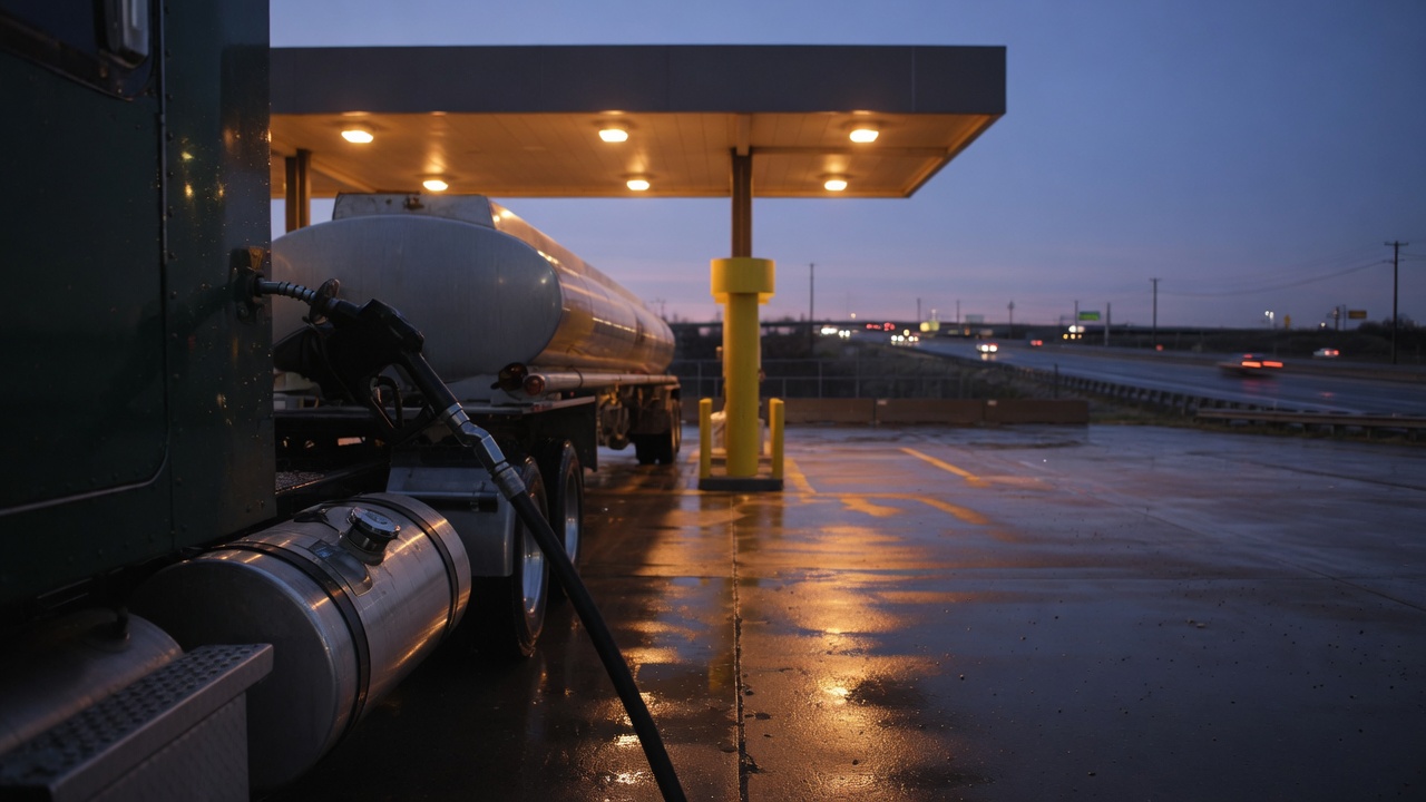 A semi truck refueling at a lit fuel island at blue hour, nozzle in the tank, wet pavement reflecting the canopy lights with a highway beyond