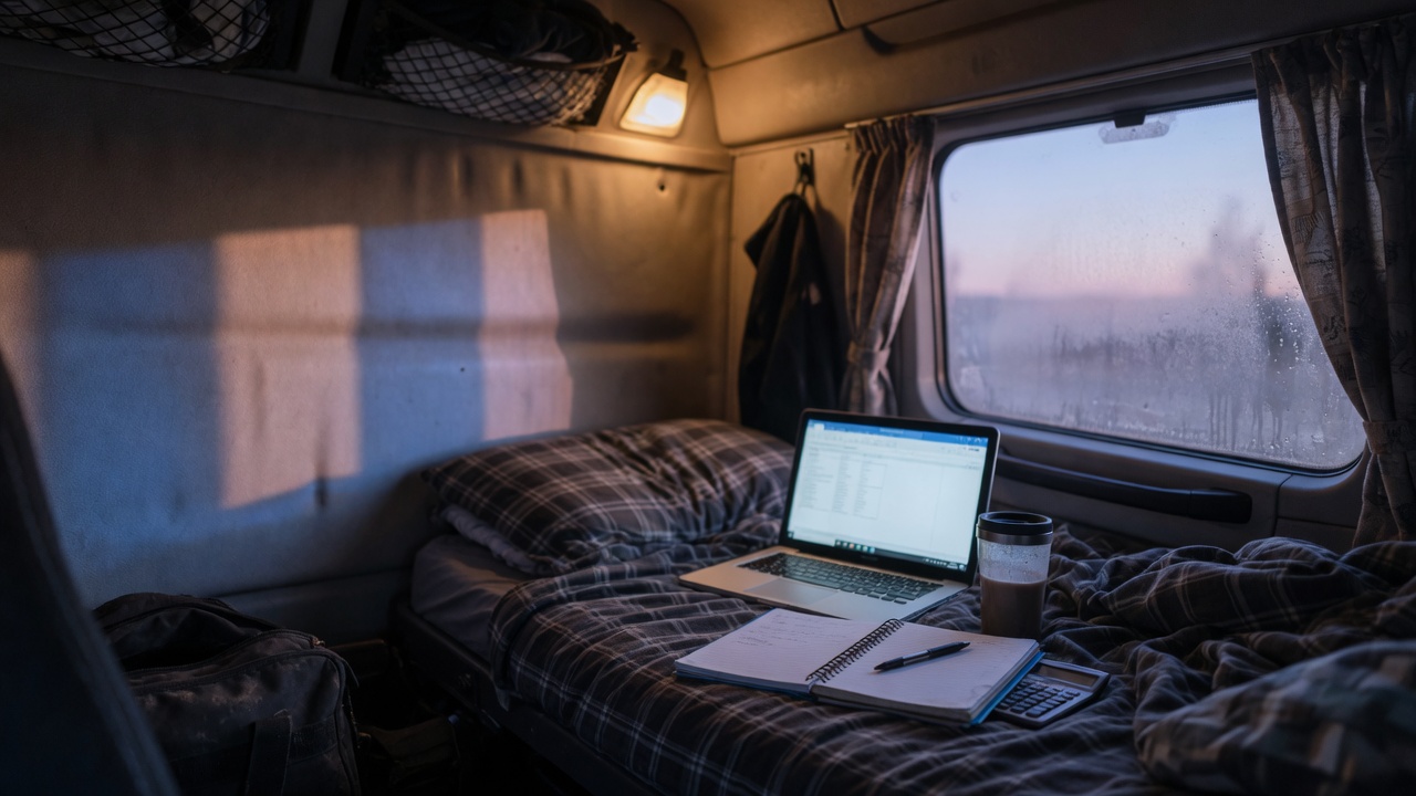 Interior of a truck sleeper cab at dawn, an open laptop, spiral notebook and calculator resting on the bunk in cool morning light