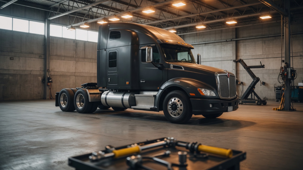 A clean dark semi tractor parked under warm overhead lights in a spacious maintenance bay, with tools in the foreground