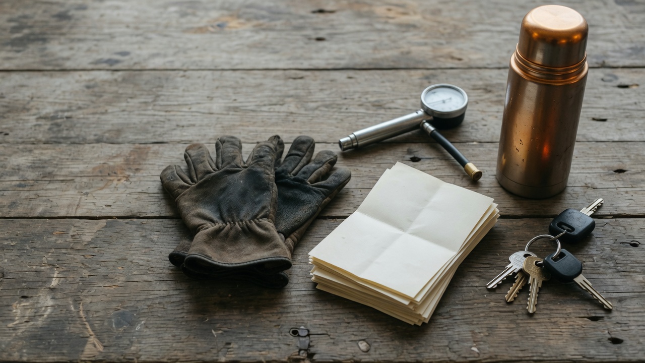 Work gloves, a stack of blank paper slips, a tire pressure gauge, a steel thermos and a set of keys laid out on a weathered wooden workbench