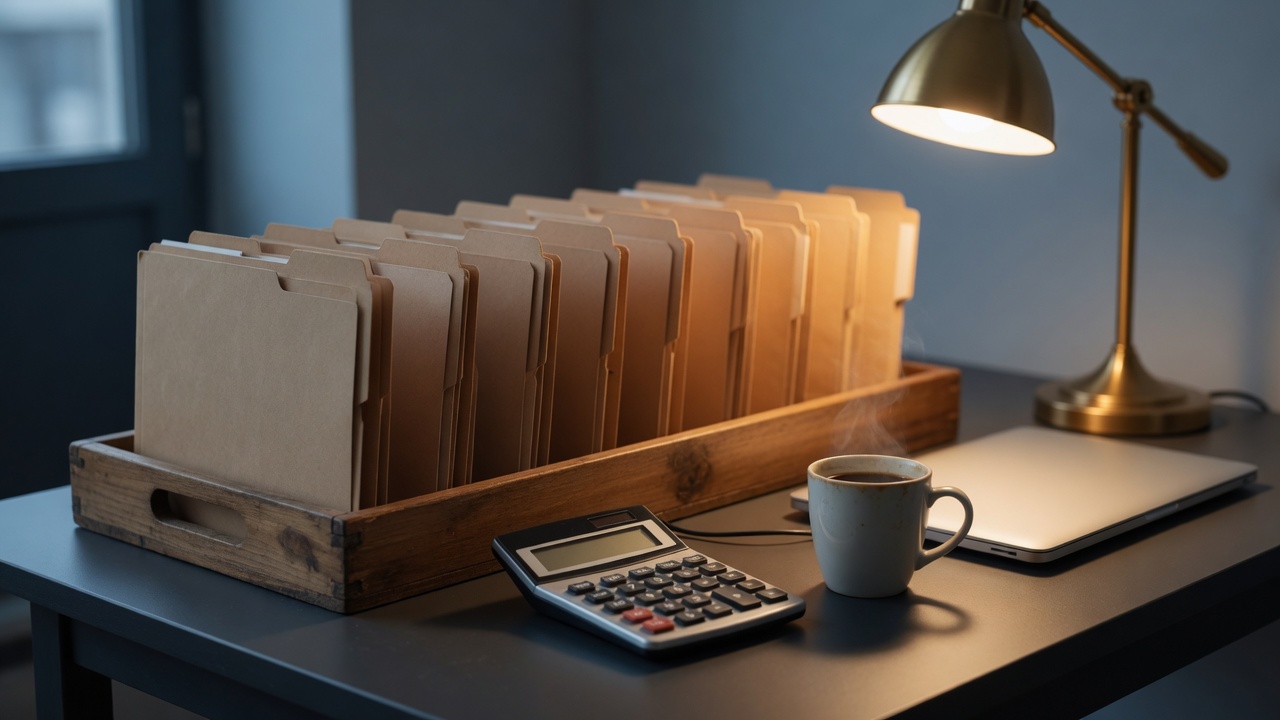 A row of plain unlabeled manila folders in a wooden desk tray beside a calculator, coffee mug and lit brass desk lamp